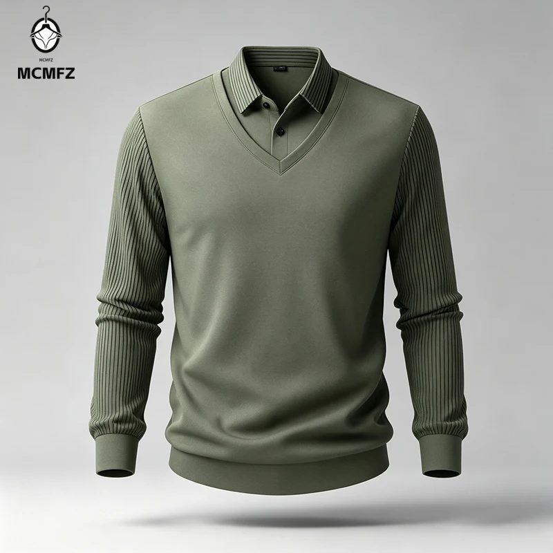 Mens Business Fake Two‑Piece Pullover Shirt Collar V Neck Ribbed Long Sleeve For Travel Shopping Urban Daily Dressing