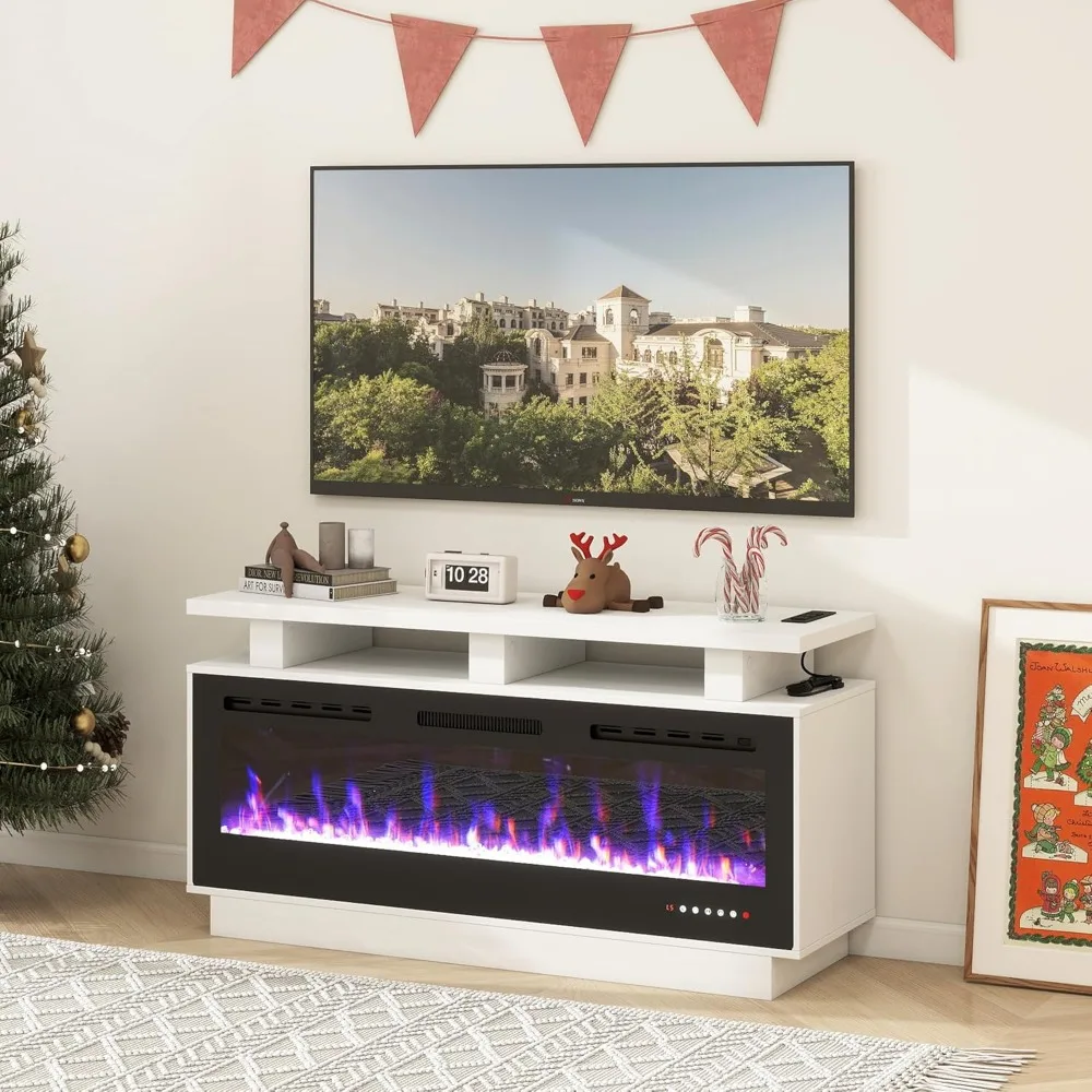 Fireplace TV Stand with Electric Fireplace, Solid Wood Fireplace with Mantel, Modern Fireplace Cabinet with Socket