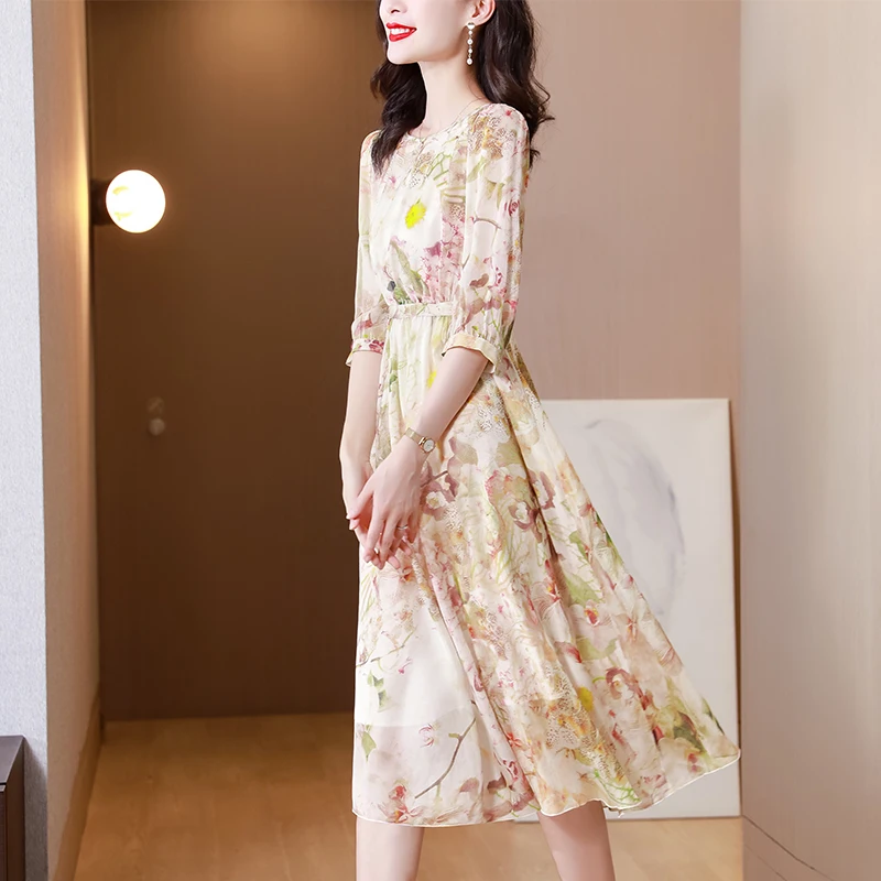 فستان نسائي شيفون مطبوع عليه زهور للربيع والصيف بأكمام 3/4 وخصر عالي تنورة متوسطة الطول للتنحيف نمط سيدة أنيقة