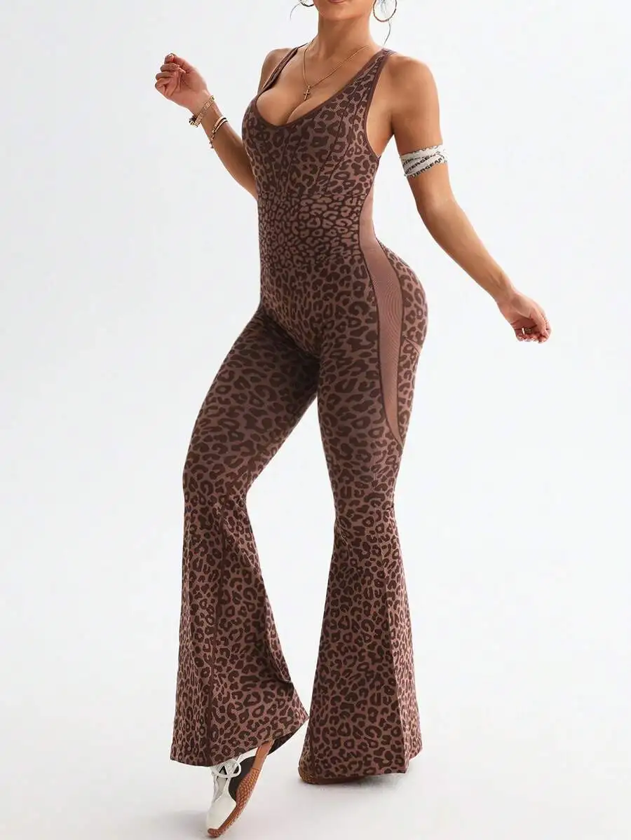 

Women Seamless Leopard Print Deep V-Neck Flared Jumpsuit Bodycon Yoga Fitness Jumpsuit