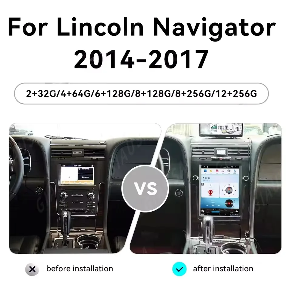 لينكولن نافيجيتور 2014-2017 Carplay 12.1 "شاشة LCD سيارة مشغل راديو الوسائط المتعددة أندرويد 14 نظام تحديد المواقع نافي وحدة رأس ستيريو السيارات