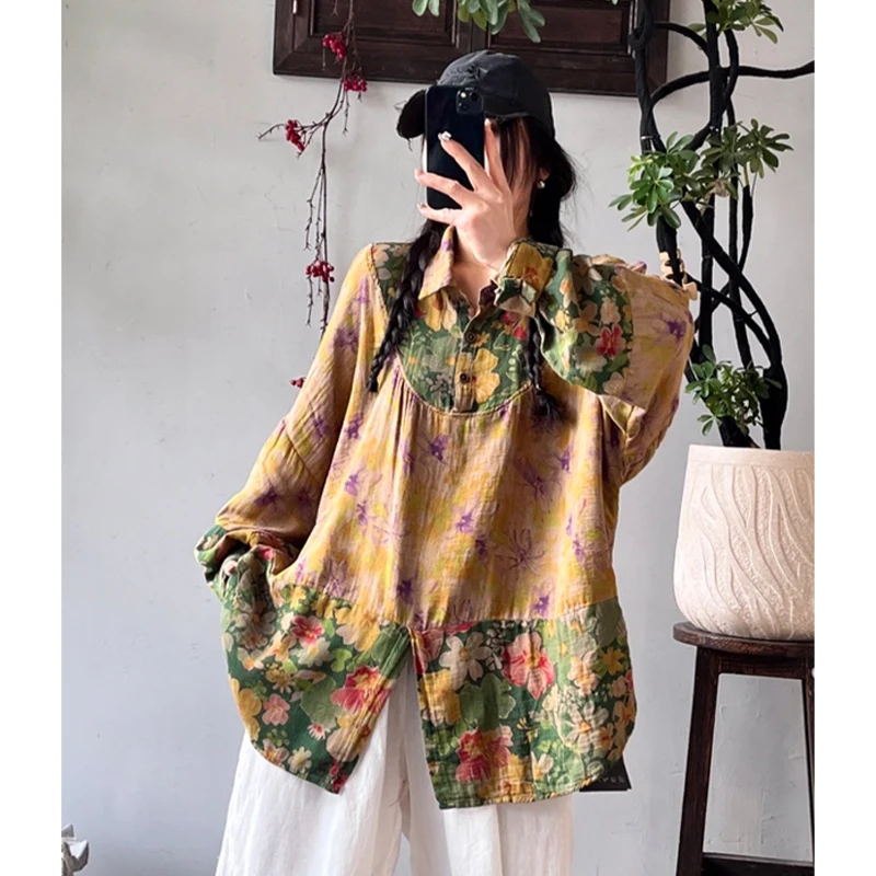 Masss Wasss 2026 Korean Spring Fashion Shirts Women Loose Vintage Floral Blouses Ladies Classic Casual Cotton Linen Printed Tops