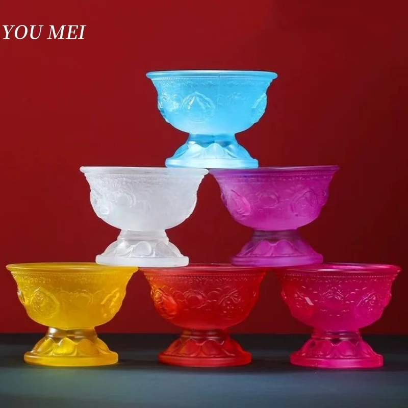 7Pcs Buddhism Altars Liuli Bowl,Engraving Eight Auspicious Exquisite Texture Cup,Tibetan Handicraft Holy 7 cm Bowl Buddhist Item