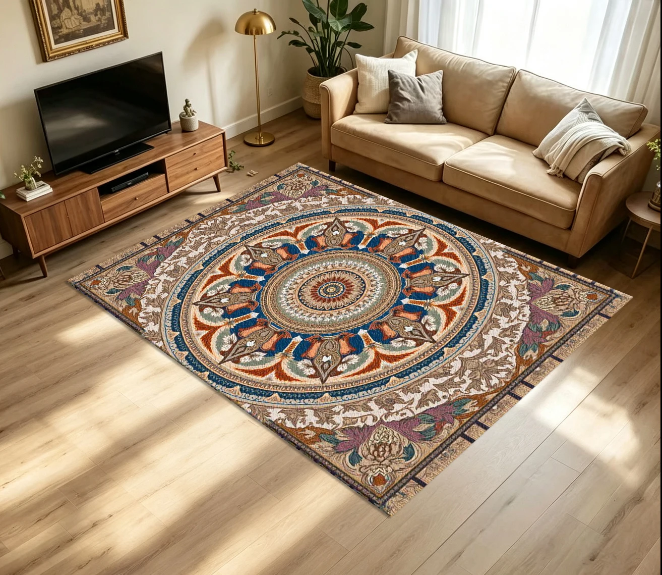 Vintage Mandala Bohemian Ornate Round Medallion Carpet Flooring Ethnic Retro Floral Scroll Symmetrical Border Art Pattern Printed Floor Rug for Indoor Household Home Aesthetic Decoration