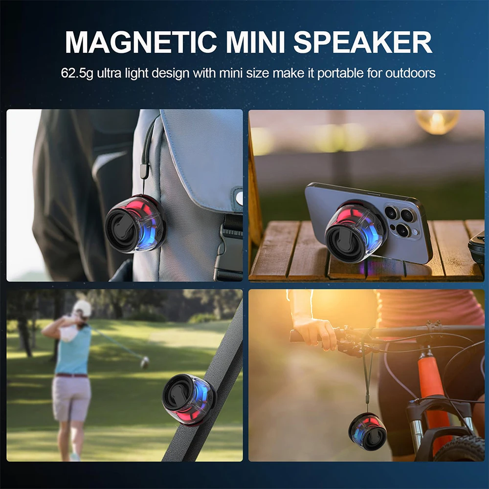 Alto-falante bluetooth magnético portátil ao ar livre sem fio mini alto-falante estéreo de viagem com luz colorida rgb e suporte de telefone para ios