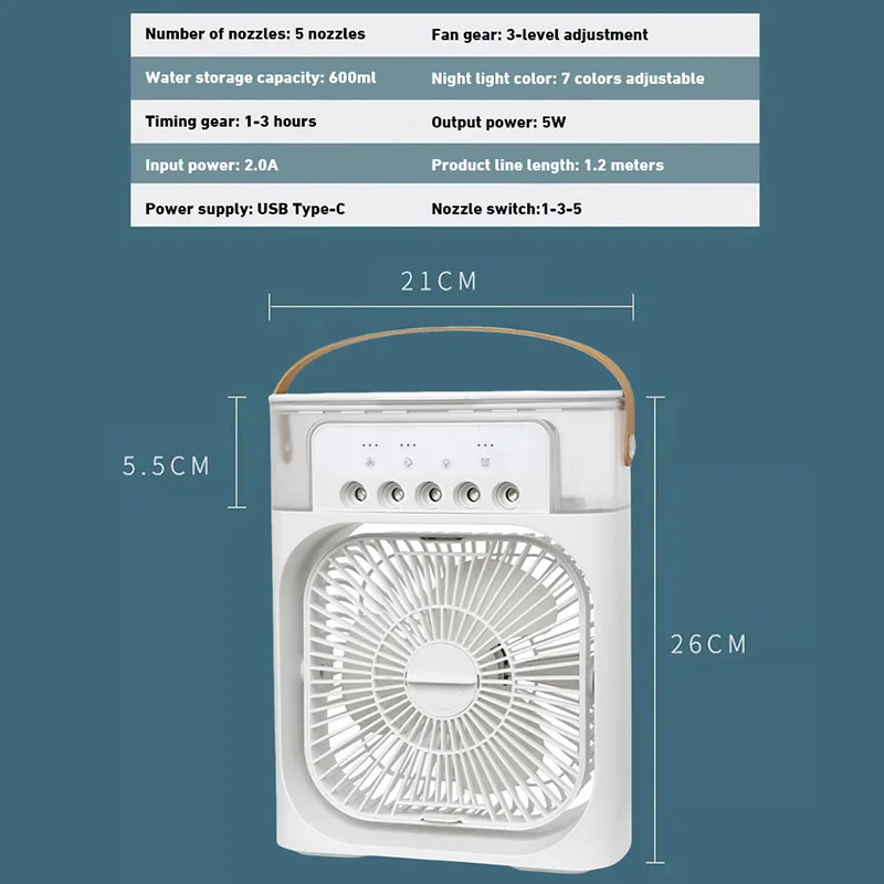 Przenośny klimatyzator z wentylatorem 3 w 1, mała chłodnica powietrza, lampki nocne LED, nawilżacz, regulacja powietrza, wentylatory domowe,