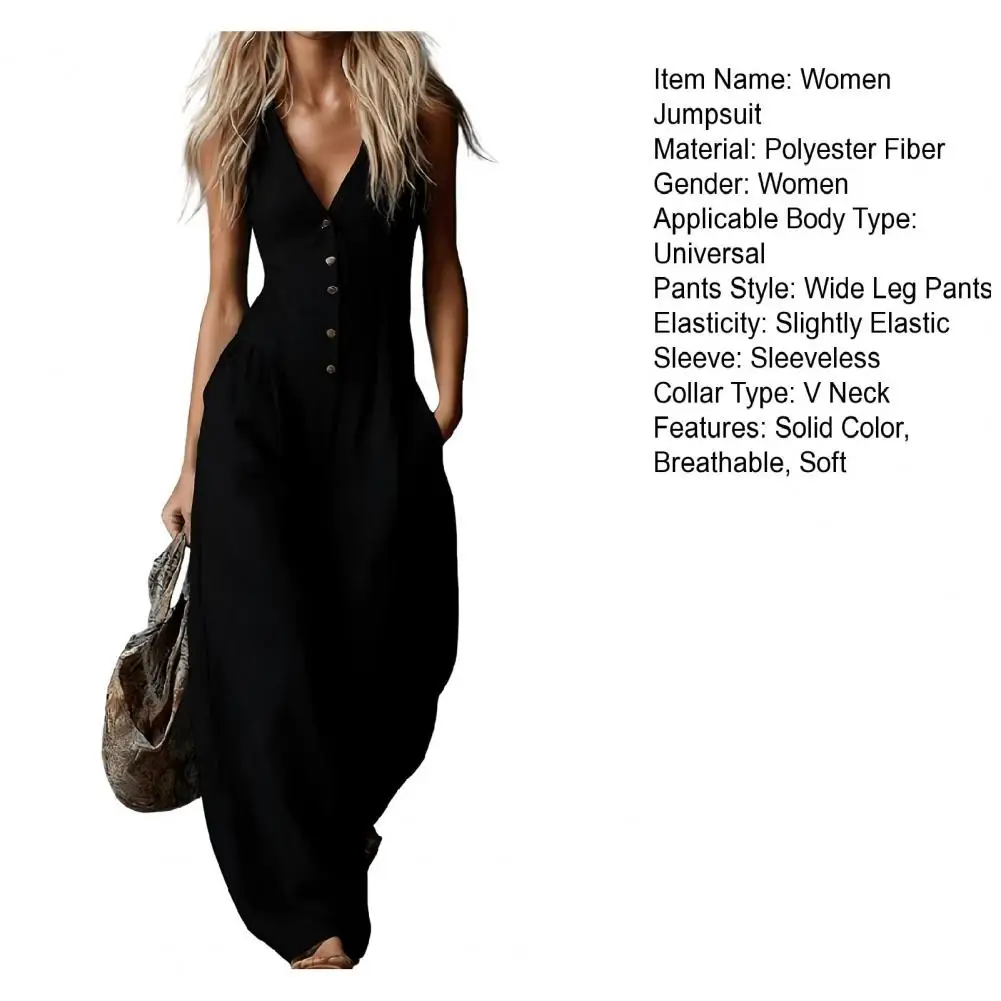 

Wide Leg Ankle Length Jumpsuits Women Pullover Rompers One Piece Loose Fit Button Ankle Length Pants Pockets Spliced Casual