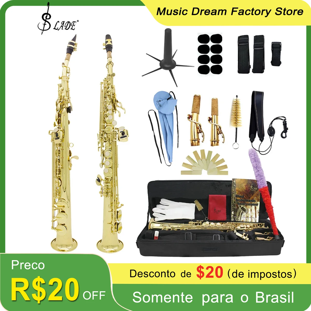 

SLADE Straight Soprano Saxophone Professional B Flat Brass Saxophone High Quality Sax Woodwind Instrument with Case Reeds Parts