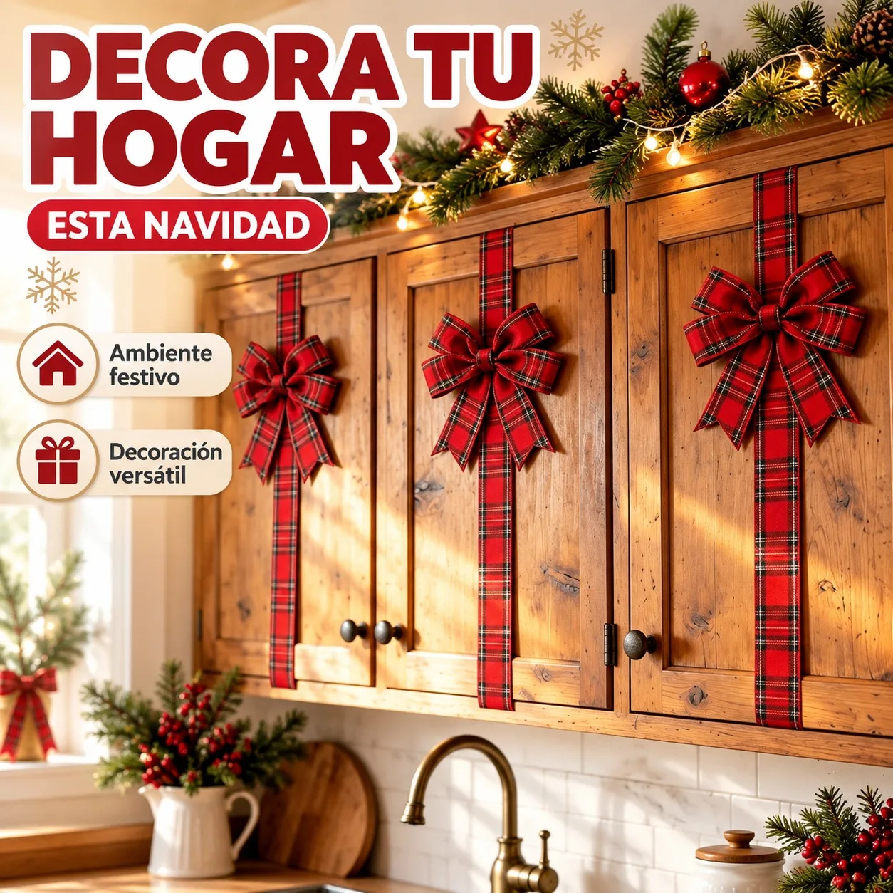 Fiocchi natalizi per mobili da cucina, con nastro a quadri da 200 cm, decorazioni natalizie in poliestere per porte e mobili, eleganti ornamenti festivi per la casa.