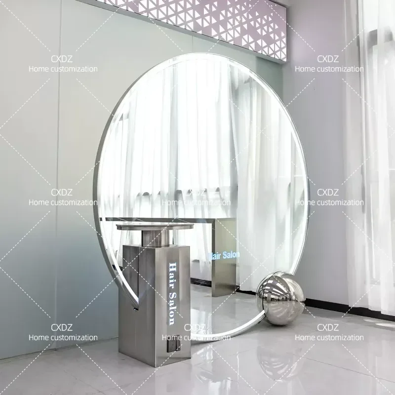 LED Lighted Hair Mirror Stainless Steel Cabinet Double Sided Floor to Ceiling Large Round Mirror for Salon Versatile Design