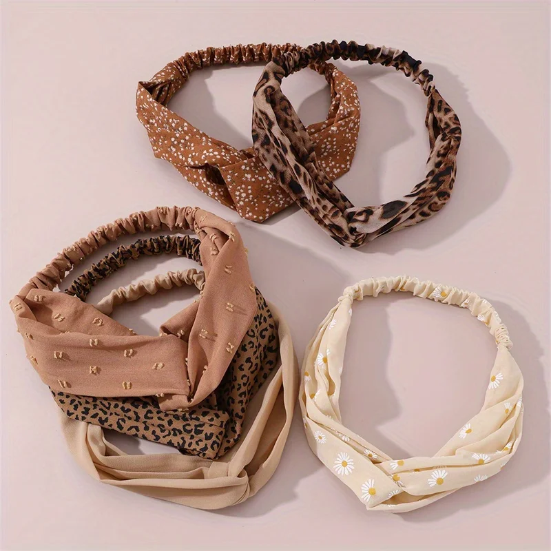 6pcs/set Autumn Winter Vintage Leopard Print Headband with Brown Crossed Knots Fashion Accessory Daily Office Party Holiday Gift