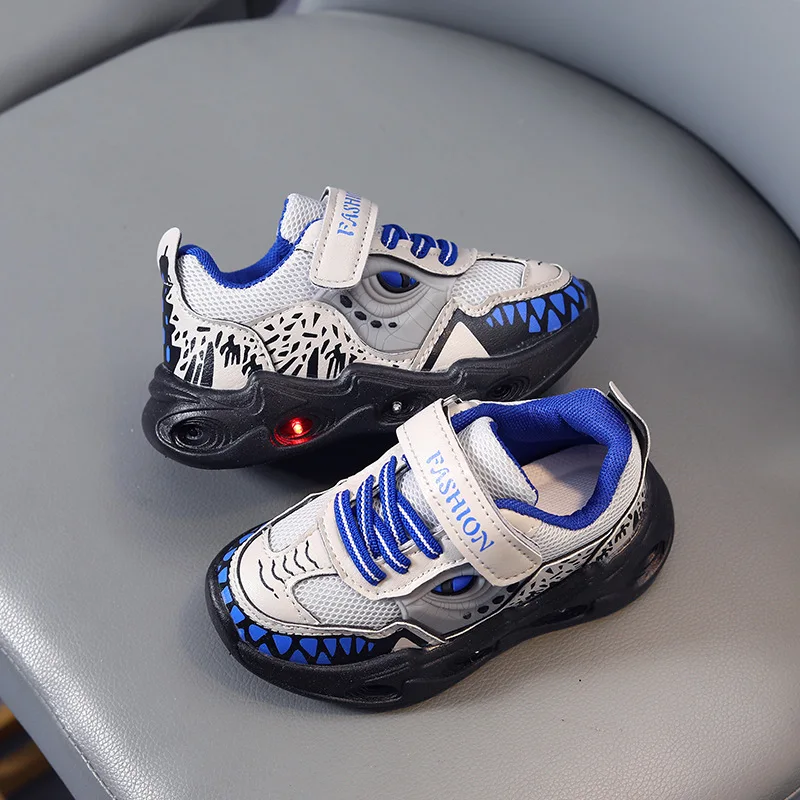 2024 Boys New Cartoon Sneakers Children Baby Autumn LED Luminous Sports Shoes Kids Shark Casual Light Up Shoes Size 22-31