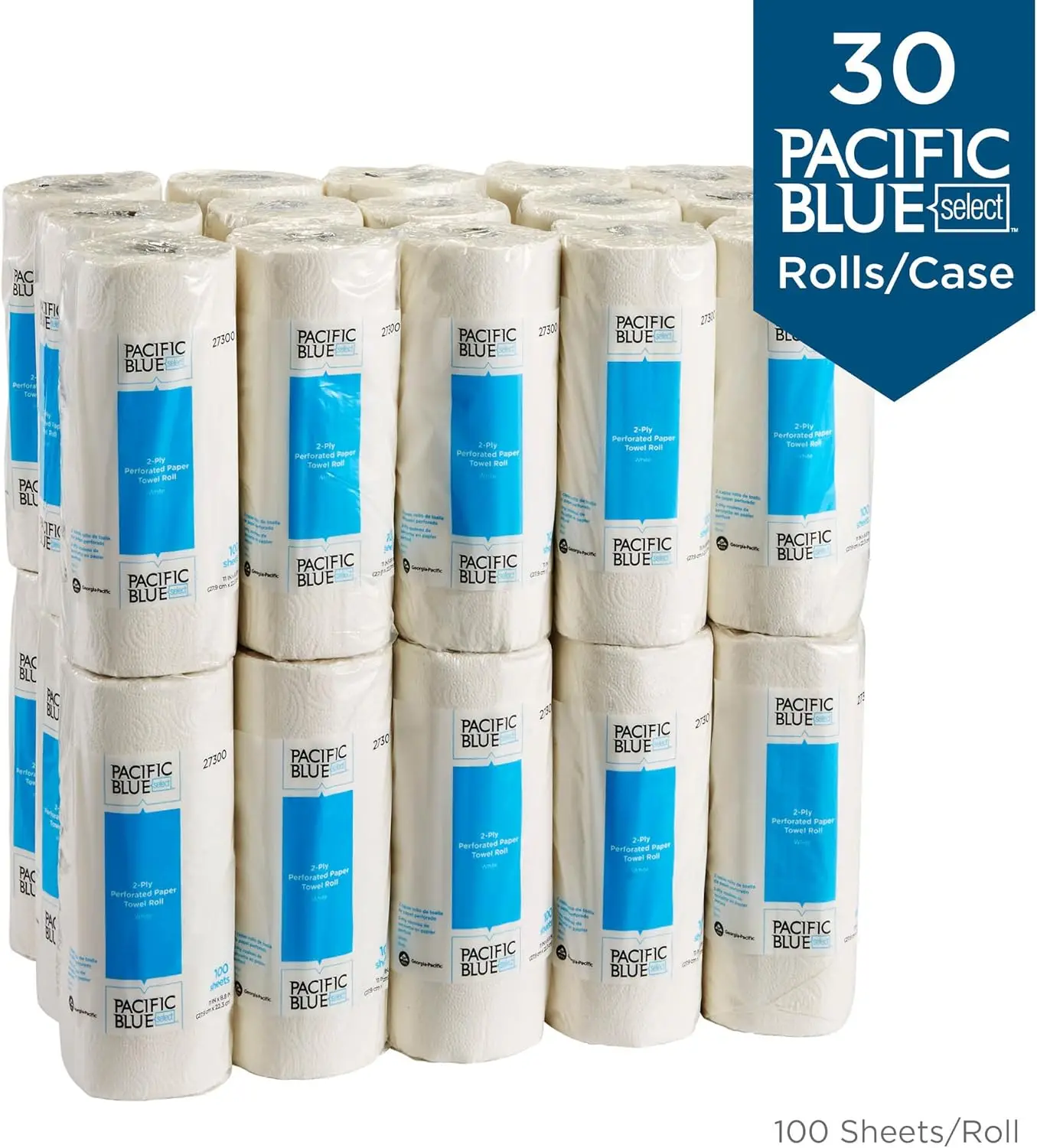 Pacific Blue Select 2-laags geperforeerde papierroldoeken van Georgia-Pacific Pro, 100 vellen per rol, 30 rollen per doos, wit