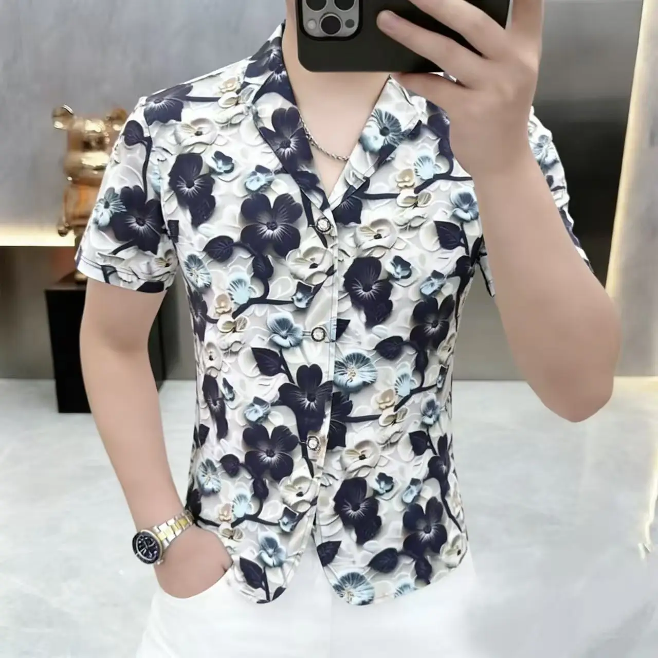 Classy Designer Floral Shirts For Men Cuban Collar Short Sleeved Summer Quality Smooth Comfortable Slim Casual Camisas De Hombre