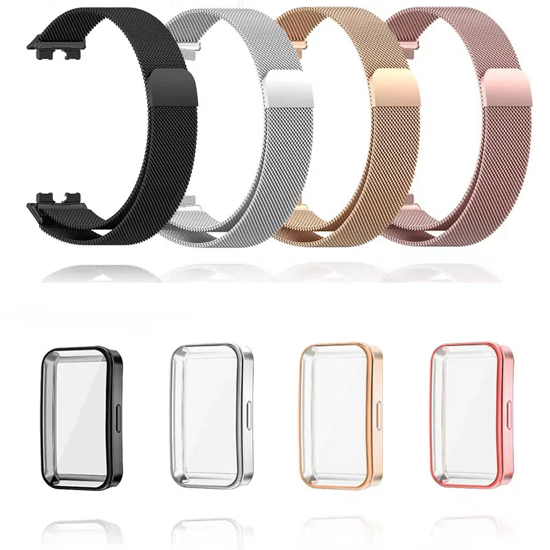 Fall + Milanese Loop Strap Für Huawei Band 10 9 8 Metall Band Magnetie Armband Für Huawei Band 10 band 9 Band 8 TPU Abdeckung Zubehör