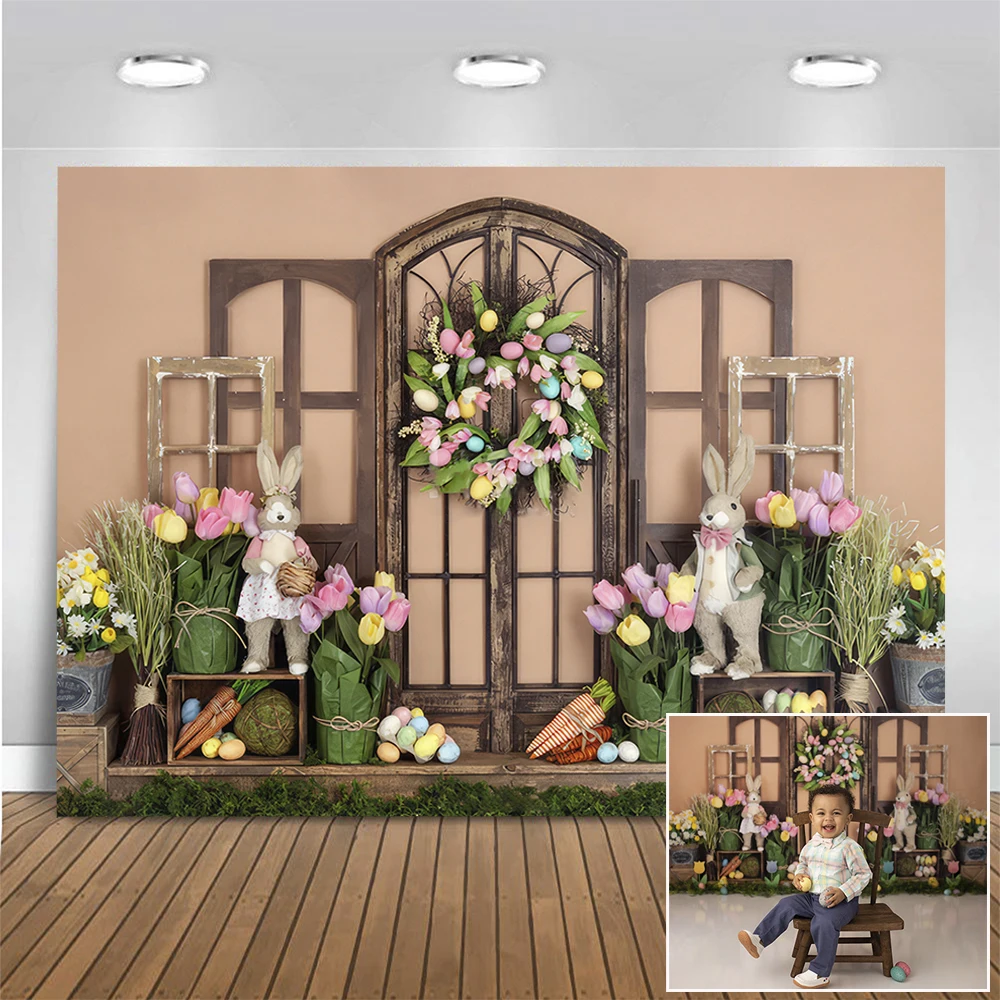 

Rustic Easter Door Photography Backdrop Egg Time for Tulips Flower Decor Background Kids Birthday Cake Smash Photo Studio Props