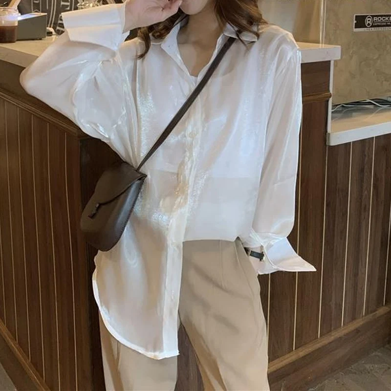 Spring Summer Solid Color Elegant Shirt Women Turn-down Collar Long Sleeve Fashion Button Patchwork Cardigan Korean Style Tops