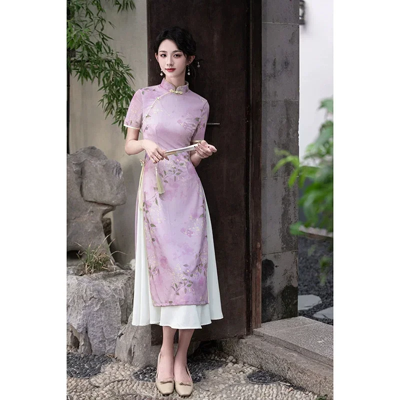 

Новое атласное платье Cheongsam весна/лето 202, улучшенное двухслойное платье Aodai Qipao с короткими рукавами