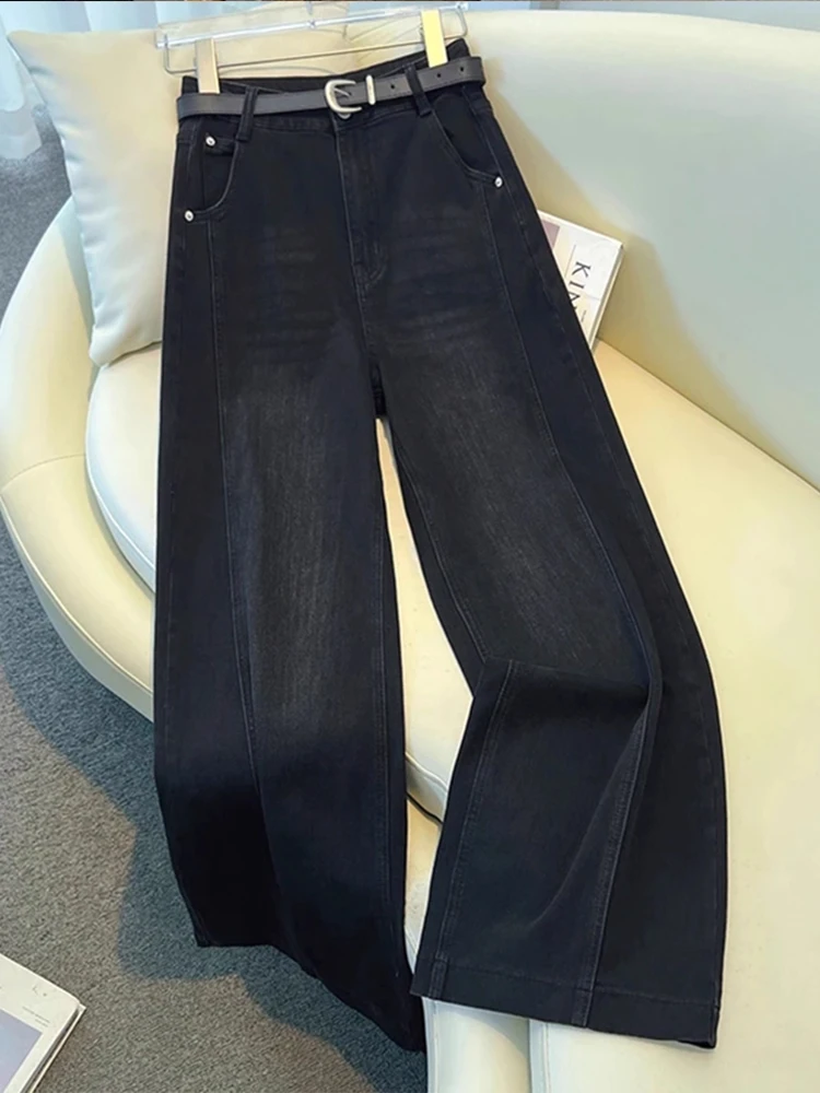 

High Waist Loose Fit Black Denim Jeans for Women Pear Shape plus Size Slimming Wide Leg Pants Autumn New Style Korean Style