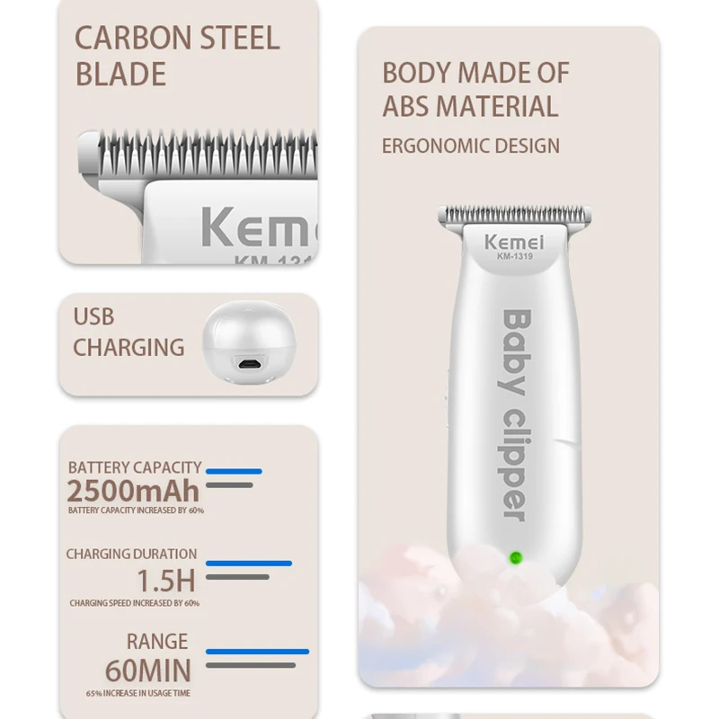 Kemei 1319 Electric Baby Hair Trimmer Portable Mini Kids Hair Cutting Machine Low Noise Hair Clipper Rechargeable Shaver Mute