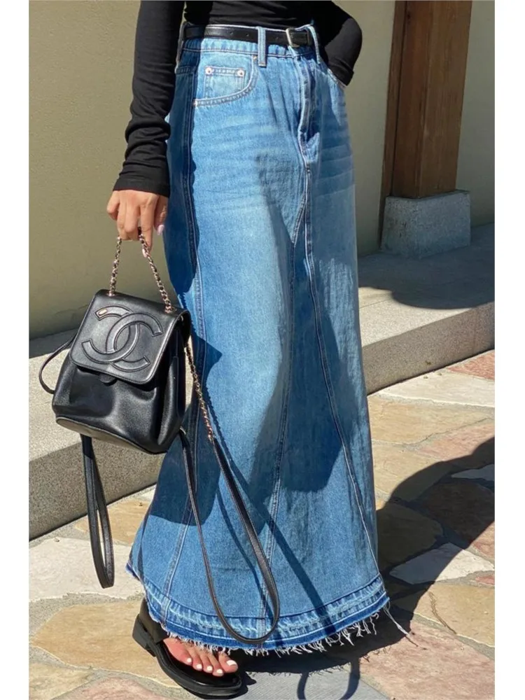 Denim Retro wiosenna letnia spódnica damska wzburzyć moda luźna koreański styl damskie długie spódnice trapezowe plisowane wzburzyć spódnice damskie