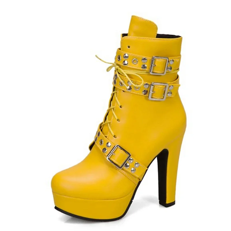 Red Yellow White Women Ankle Boots Platform Lace Up High Heel Short Female Buckle Autumn Winter Sexy Ladies Shoe Large Size