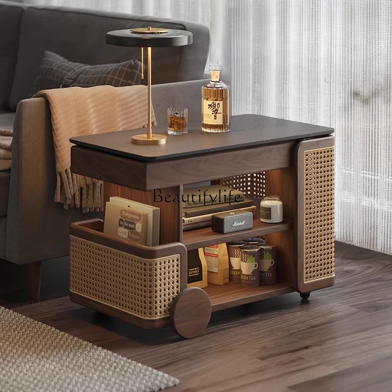 

Solid wood lifting coffee table movable trolley black walnut rotating living room sofa side cabinet