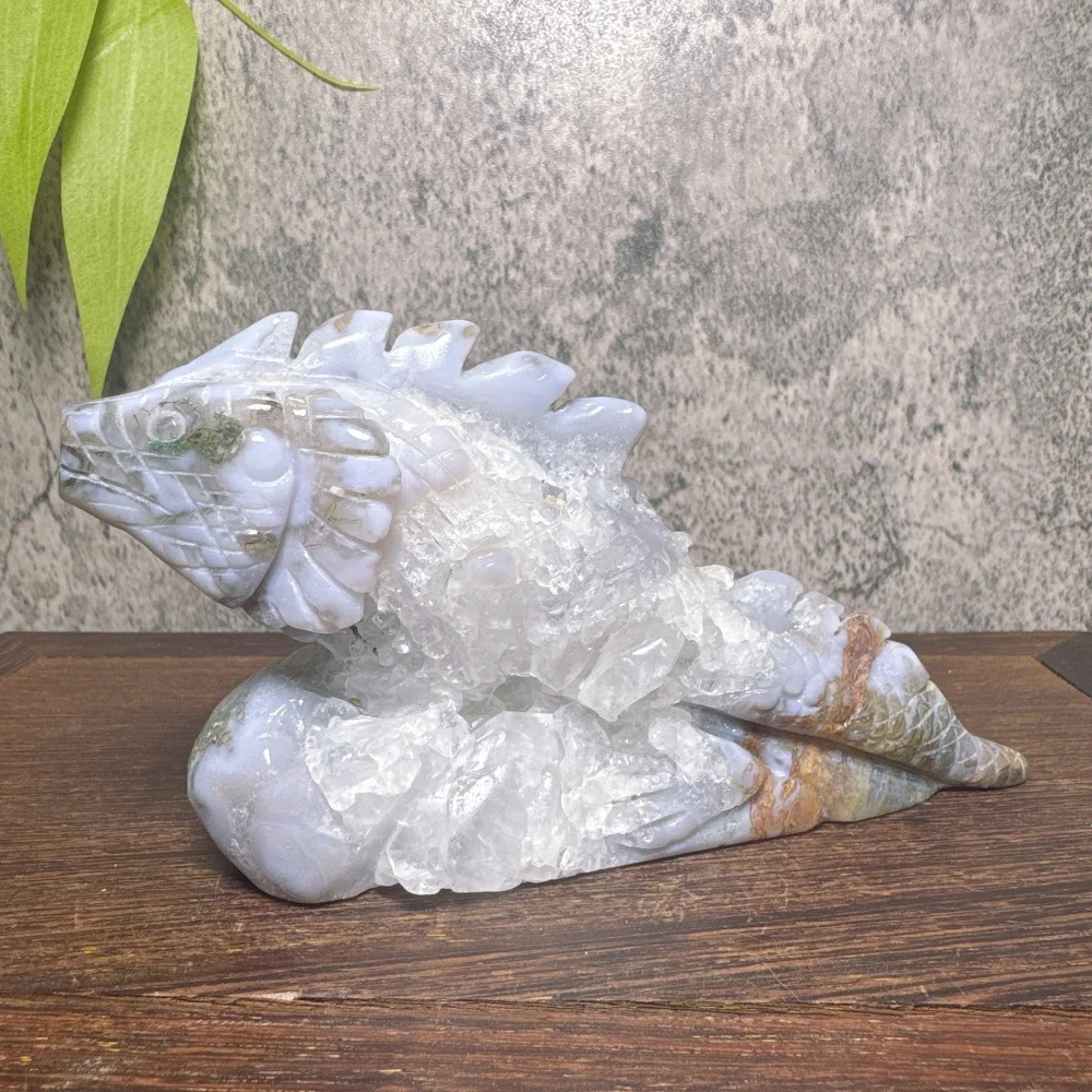 Natural Druzy Moss Agate Ocean Jasper Lizard Carving Hand Carved Cute Animal Raw Geode Home Decor Healing Crystal Gift