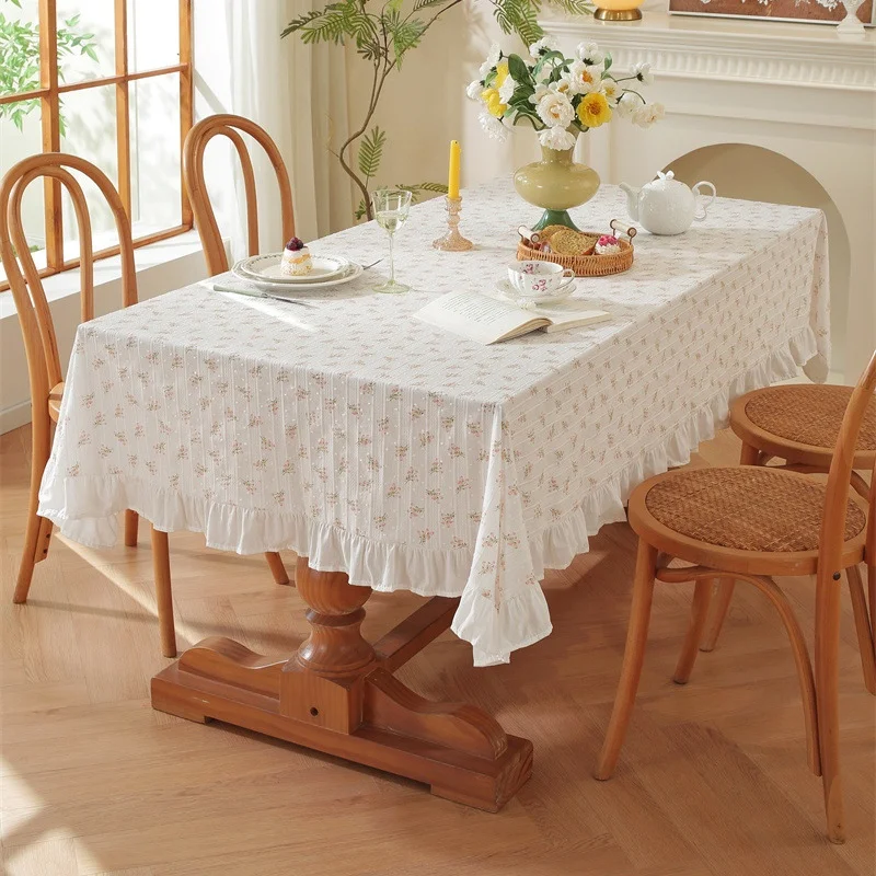 

Pure Cotton Floral Tablecloth Green Plant Leaf Pattern with Ruffle Lace Home Decor Table Cover Stain Resistant Tabletop Cloth