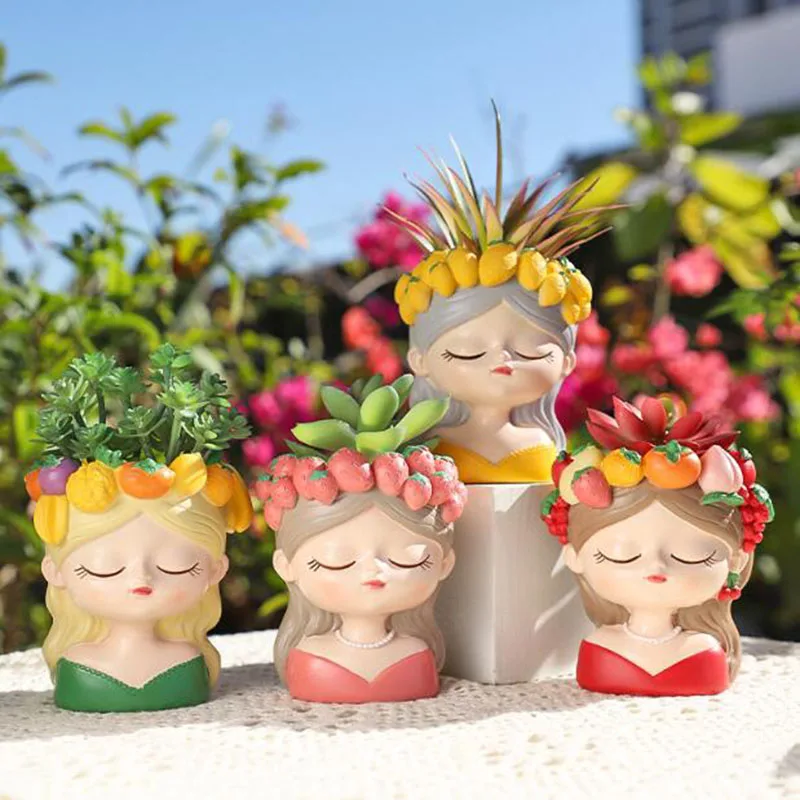 Creative Resin Fruit Wreath Girl Flower Pot Desktop Bonsai Vase Gardening Planter Succulent Plant Pot Container Home Decor