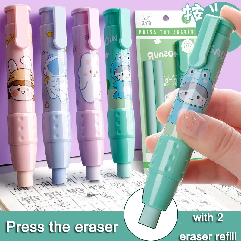 Cartoon Pressing Pencil Eraser Pen type Cute Eraser Replaceable Rubber Core School Student Offic Rubber Eraser Stationery