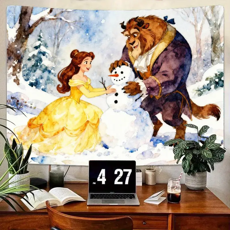 

1 шт., волшебный гобелен «Красавица и чудовище», зимняя страна чудес, снеговик, настенный художественный декор в общежитии, подарок для фанатов принцессы Диснея