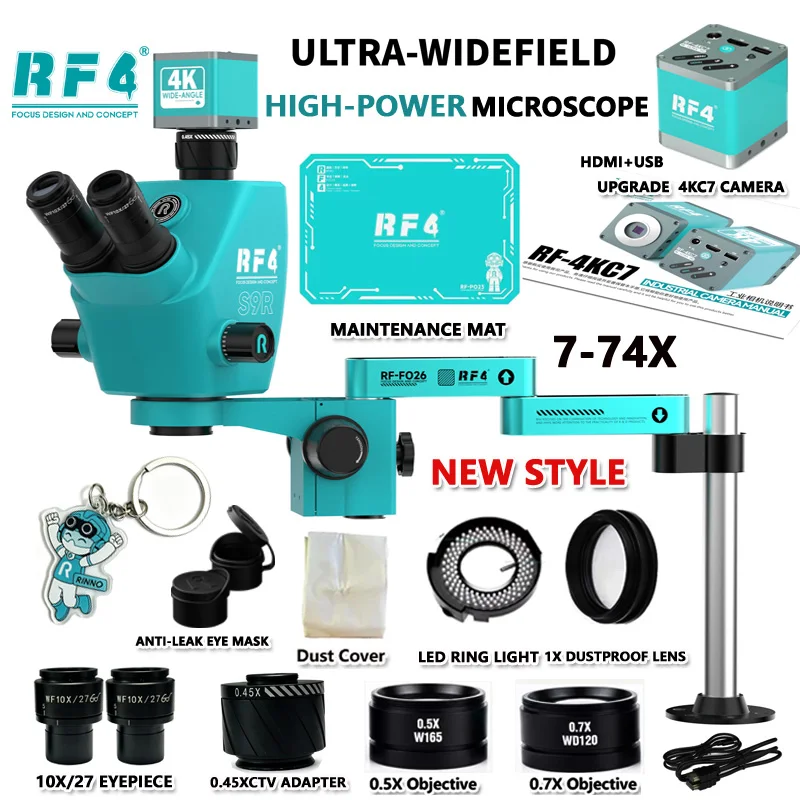 RF4 S9R Ultra-wide High Power Trinocular Microscope 7-74X Continuous Zoom 27mm Field Of Fiew For Mobile Phone Welding Repair
