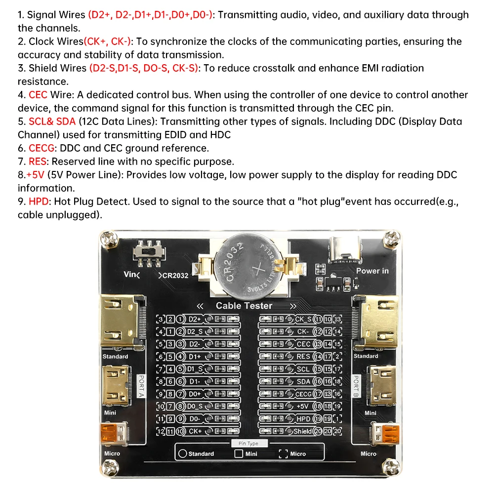 USB Cable Test Board with LED indicator for standard  Mini Micro A-type B-type detection of Short Circuit On-Off Switching