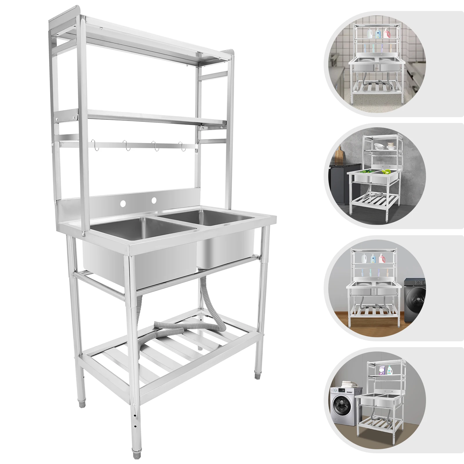 Silver Double Sink, Freestanding Sink with Bracket, 304 Stainless Steel, 201 Stainless Steel, Plastic, Rubber 2-Sink Kitchen Rack Overall Load-Bearing Capacity: 200kg/440.92lbs With 2 * Drain Pipes