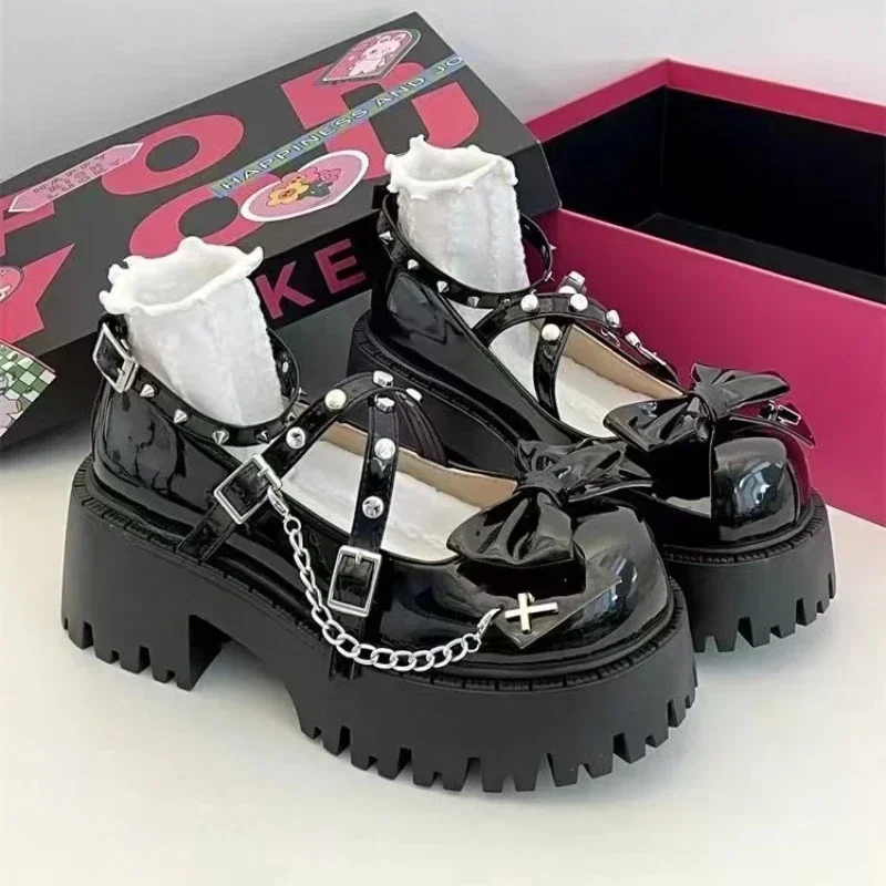 

fashion Women's Lolita Mary Janes Shoe Ankle-Wrap High Heels Bow-Tie Rivet Chain Square Heel Buckle Platform Pumps zapatos mujer