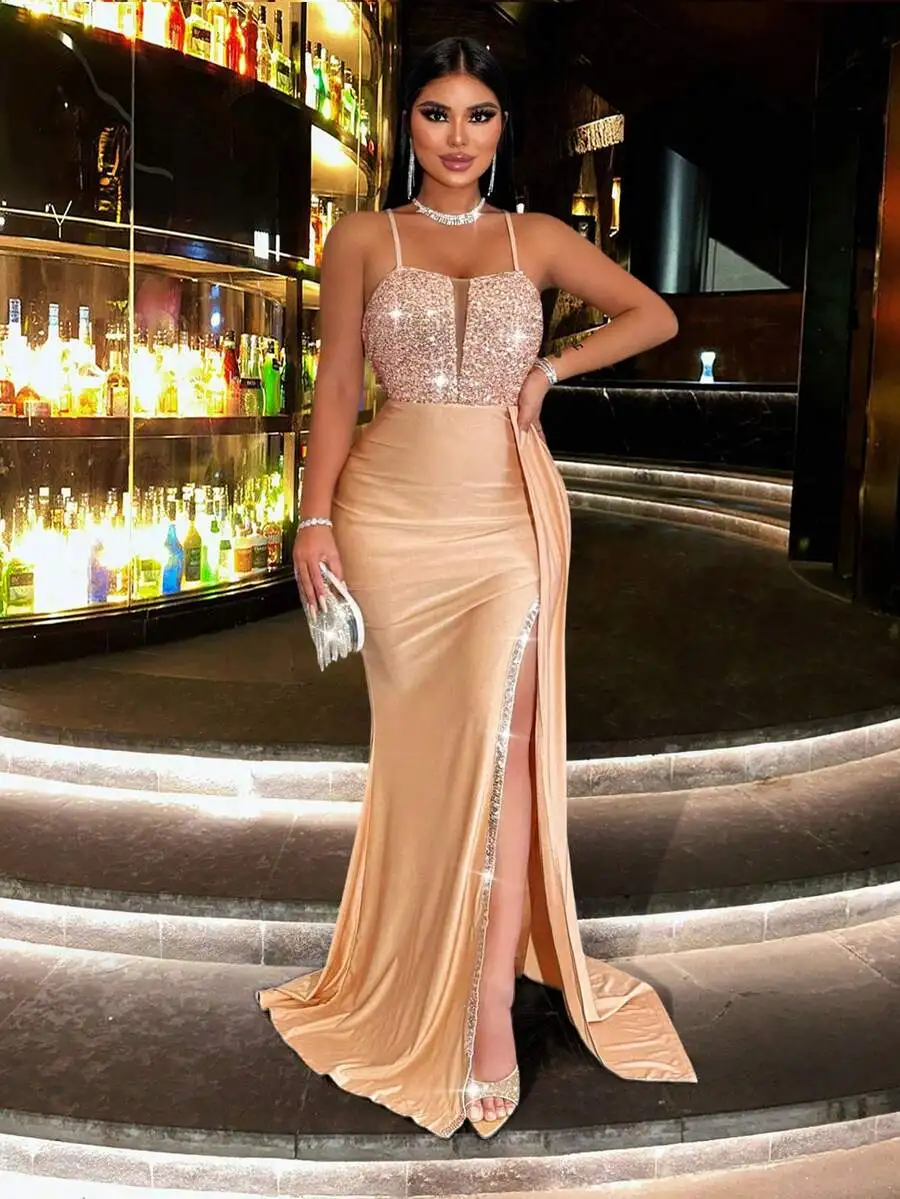 

Elegant Sequin Splice Satin Gown with Side Slit, High Waist, Backless Design for Formal Events