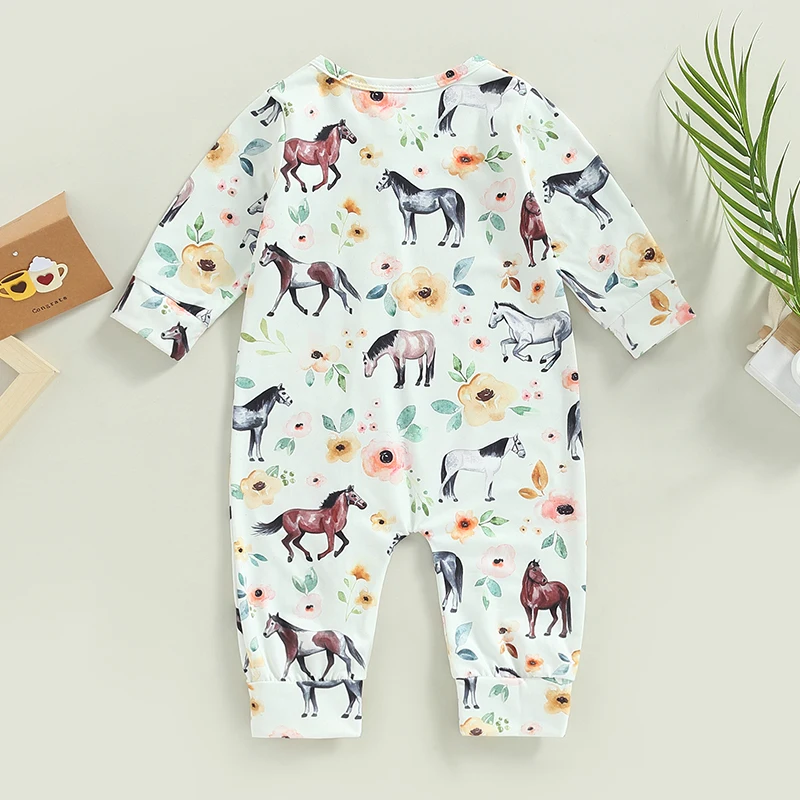 Infant Rompers Baby Jumpsuit Fashion Girls Boys Horse Floral Print Long Sleeve Crew Neck Oblique Zipper Clothes Newborn Clothing