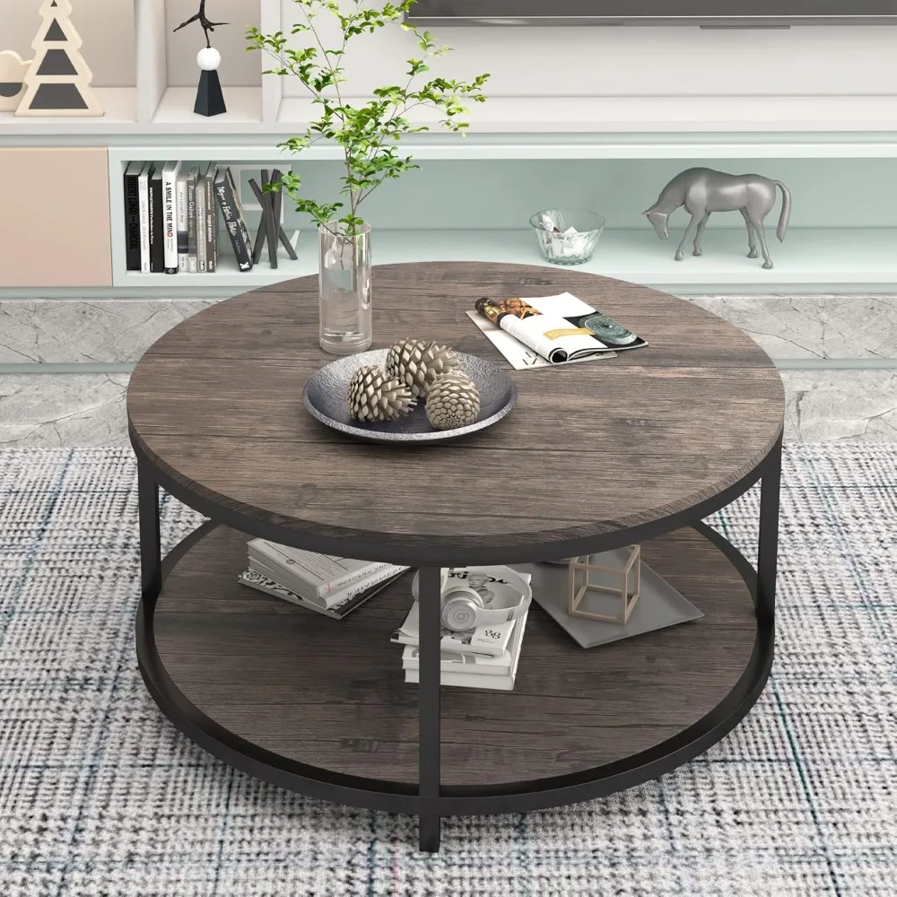 Modern Rustic 2-Tier Wood Coffee Table with Storage Shelf for Living Room, 36 Inches Diameter