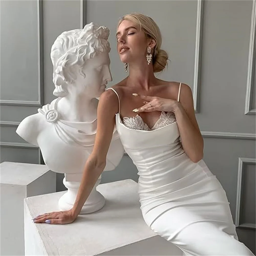 Customized White Satin Mermaid Wedding Dress For Bride Lace Appliques Spaghetti Straps Long Bridal Gowns Formal Dress With Train