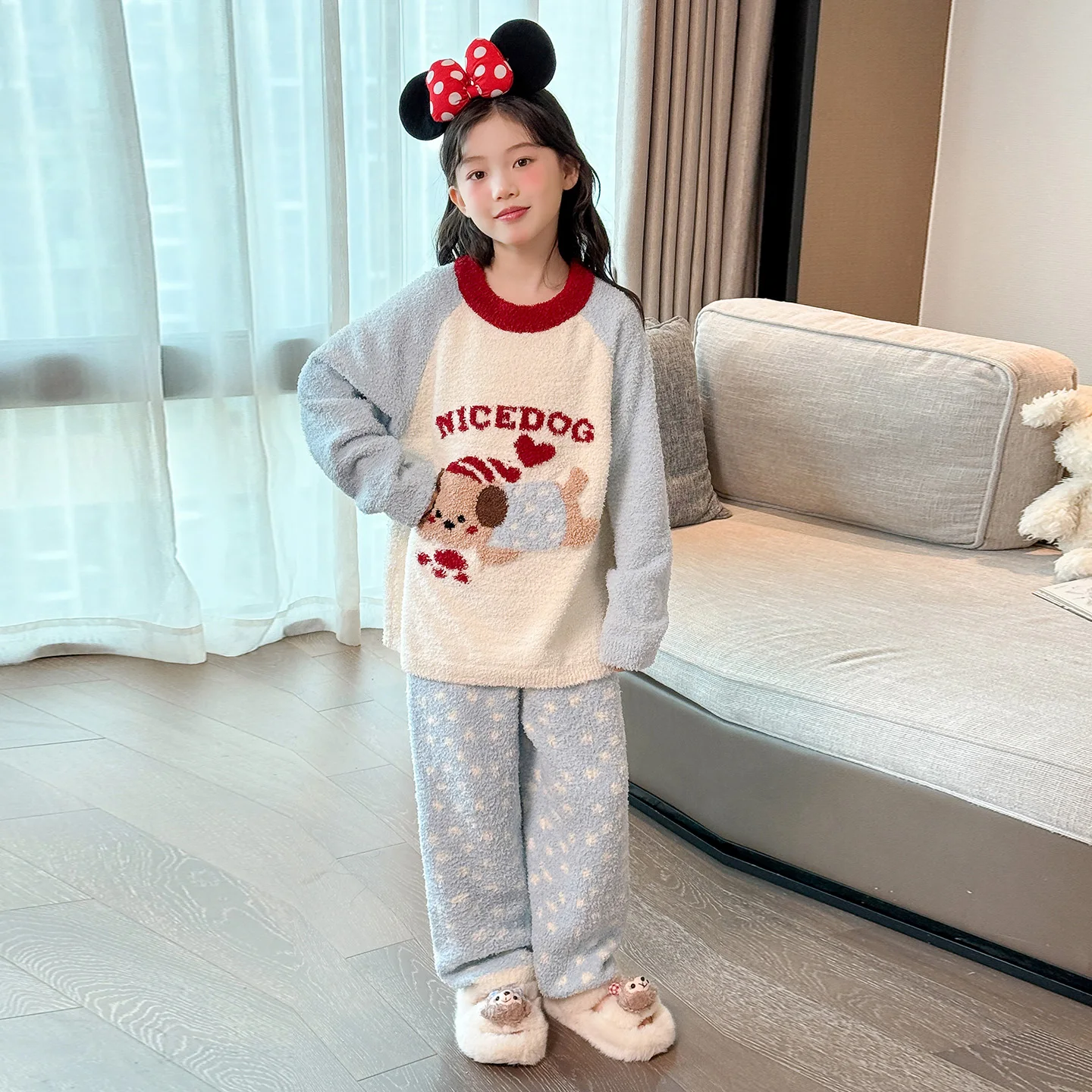 2025 جديد الخريف الشتاء سميكة نصف الصوف الكرتون Homewear مجموعات الكورية نمط في الهواء الطلق يمكن ارتداؤها لينة مريحة طويلة الأكمام