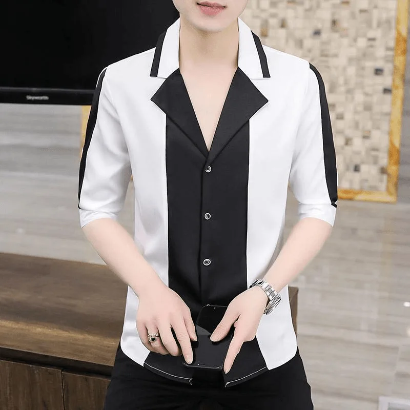 

Men's Contrast Color Mid Sleeve Shirt Summer British Trendy Tailored Fit Sophisticated Office Casual Menswear