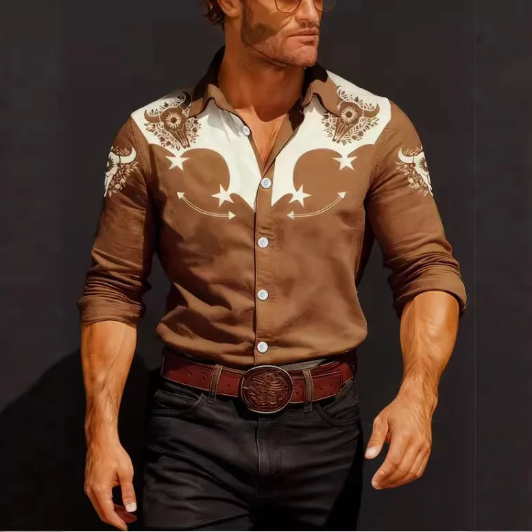 Men's Long-sleeved Printed Shirt Men's Tribe Casual Fashion Four-sided Elastic Long-sleeved Shirt