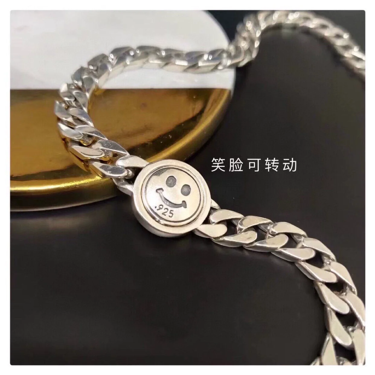 S925 Solid Silver Heavy Duty Rotating Smiling Tank Chain Silver Necklace Bracelet Personalized Trendy Neck Chain Hip Hop