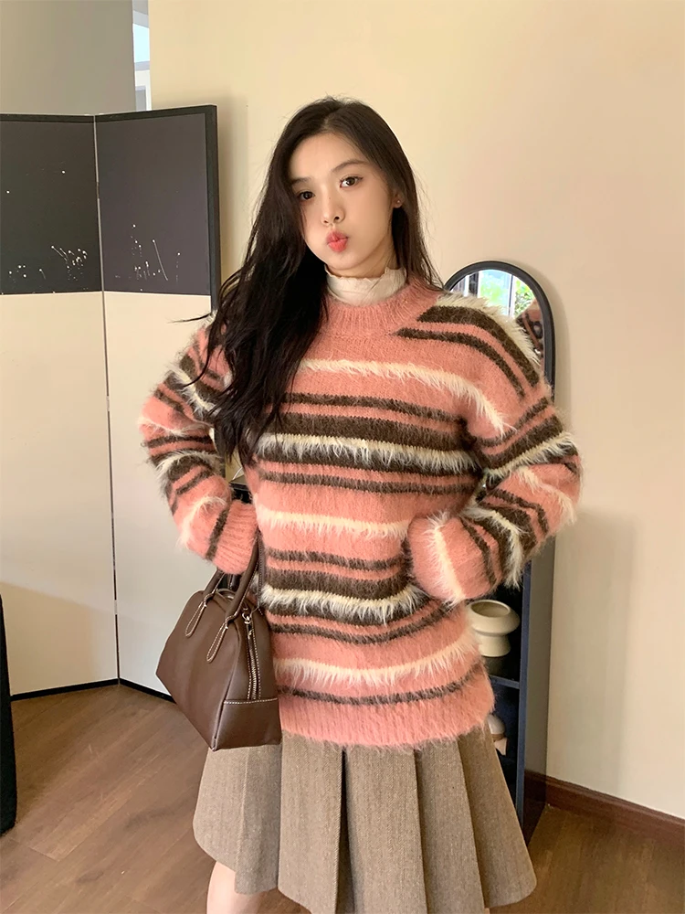 

Женский свитер NIDEBLA оверсайз в полоску, с цветными вставками, круглой горловиной, без рукавов, уличный стиль, зимний, новый дизайн, повседневный топ