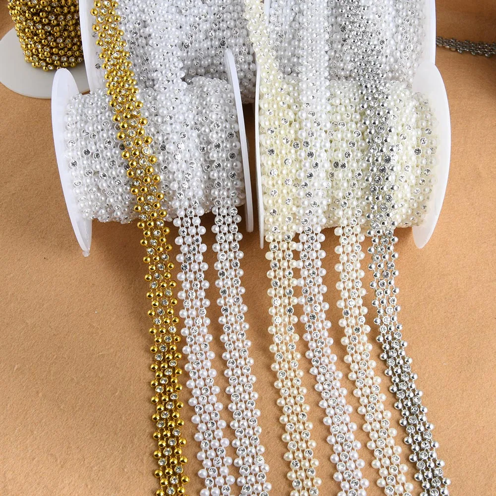 1Yard 15mm Width ABS Imitation Pearl Bead Flatback Chain Line Cord Thread Trim with Rhinestones for DIY Wedding Party Decoration