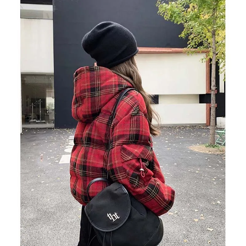 Red Checkered Down Cotton Jacket Women's Short Winter 2026 New Design Jacket Red Plaid Hooded Bread Suit Coats