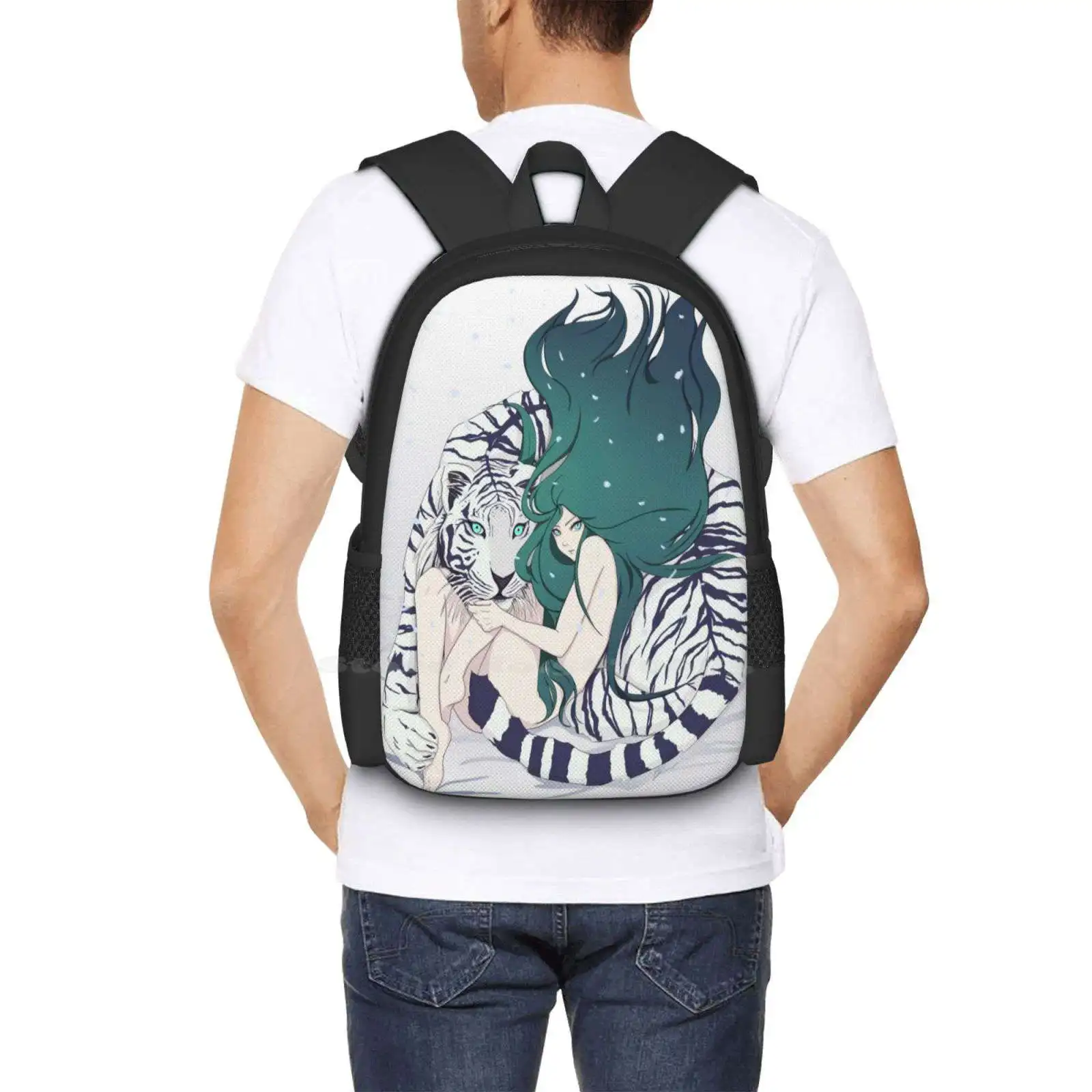 Frosty Goddess School Bags Travel Laptop Backpack White Tiger Anime Girl Manga Girl Goddess Nature Animal Tigress Anime Tiger