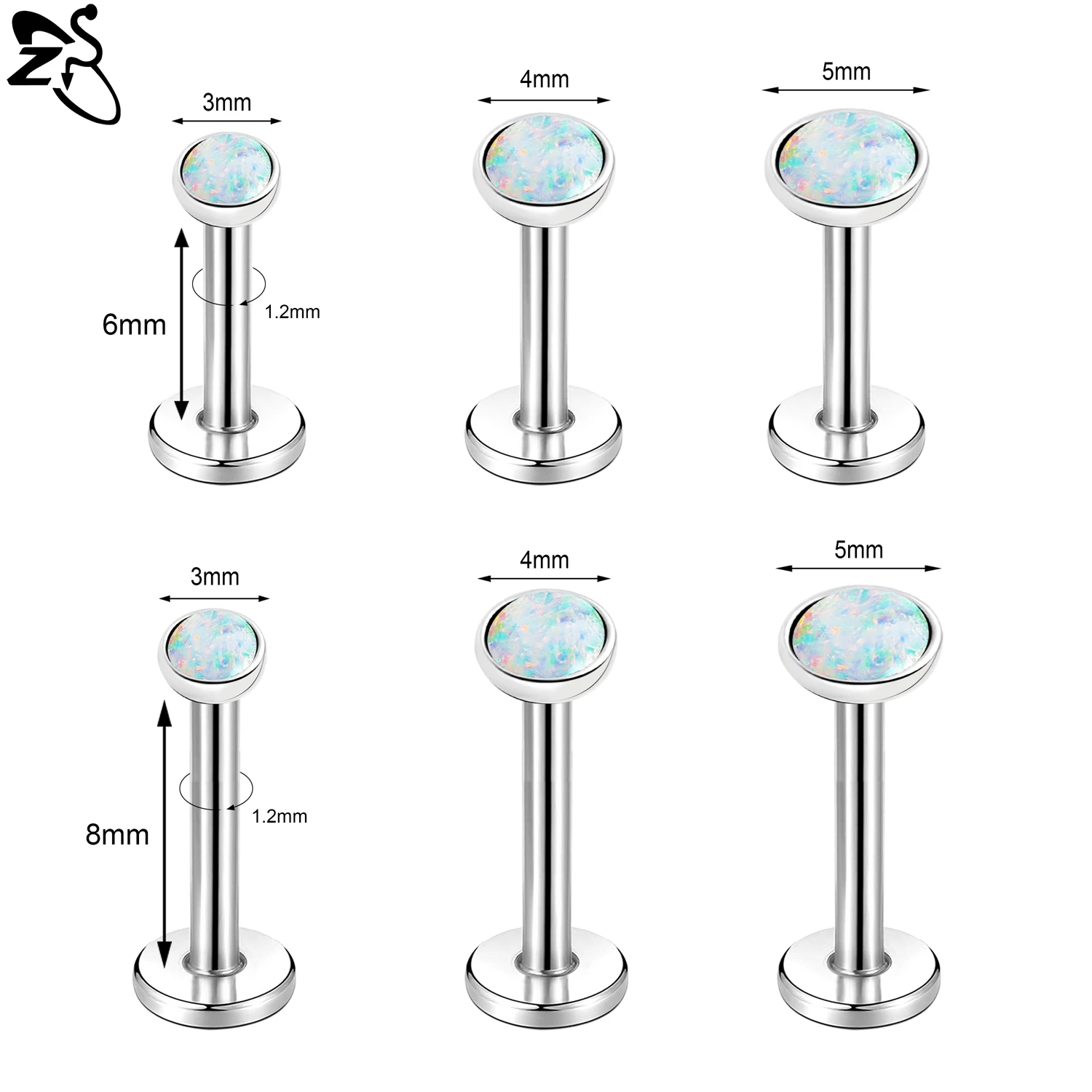 16G Stainless Steel Opal Lip Stud, Internal Thread