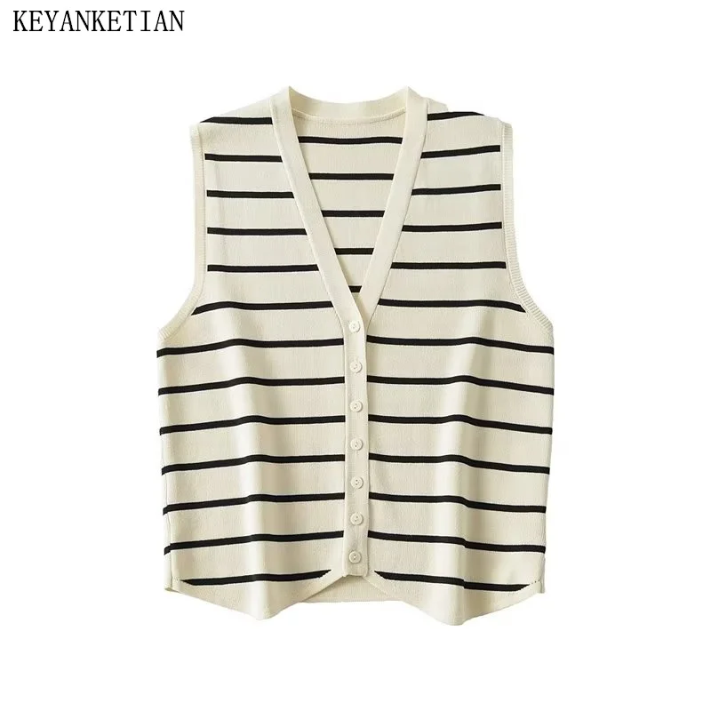 

KEYANKETIAN New V-Neck Single Breasted Women's Color Matching Jacquard Knit Vest Basic Sleeveless Leisure Waistcoat Crop Top